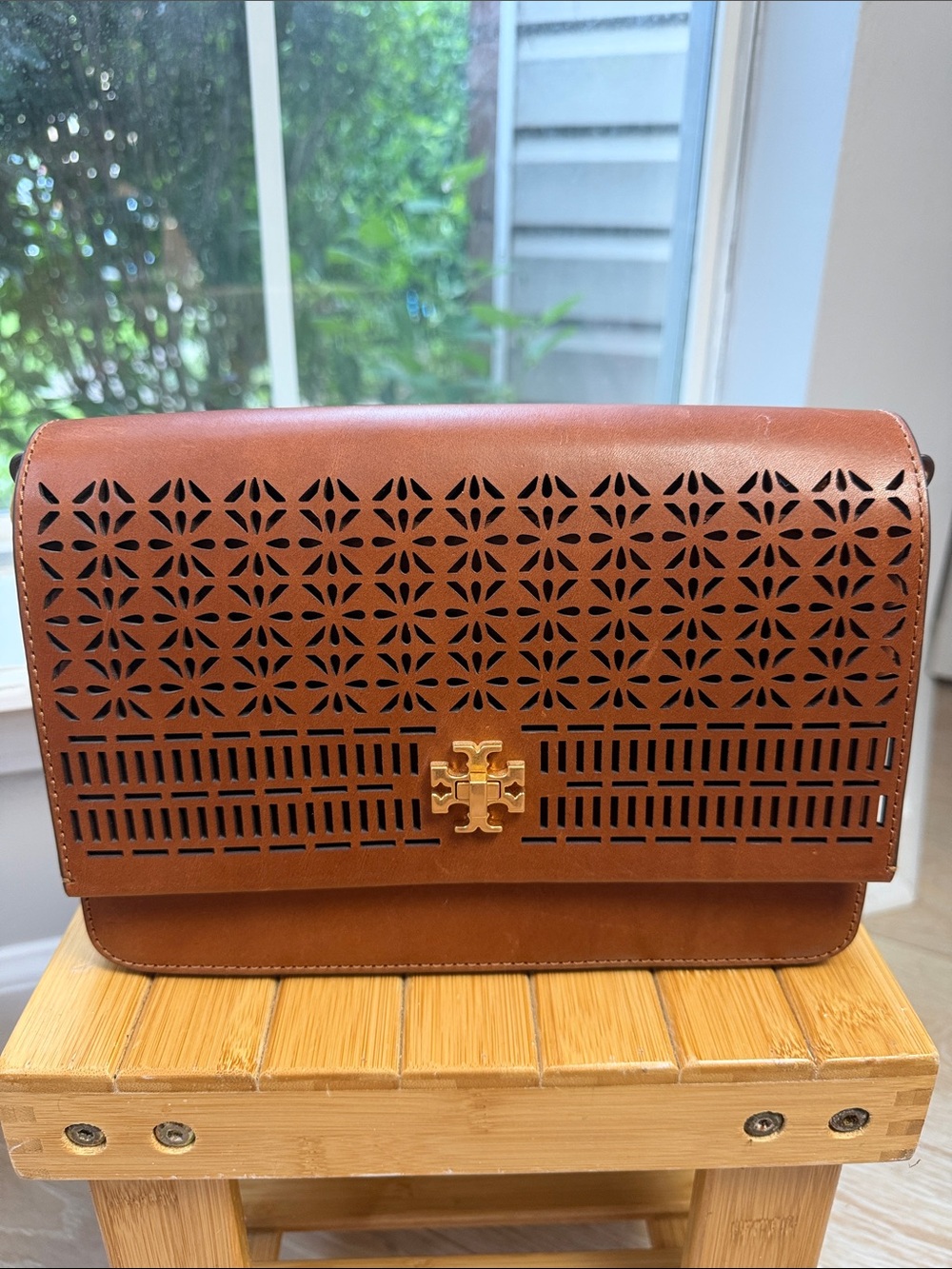 Tory Burch Perforated Leather Messenger in Cognac with Gold Logo